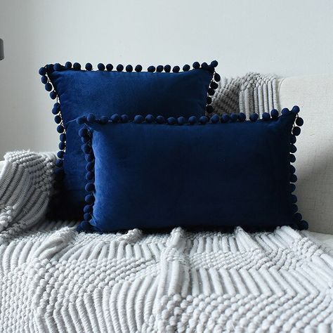 Solid colore velvet pillowcase with .Pom Pom sofa throw pillow cushion cover 30X50cm Grey Pink Blue sofa home decoration|Cushion Cover| - AliExpress Solid Backdrop, Midcentury Boho, Pom Pom Decor, Navy Pillow, Nordic Sofa, Patterned Pillows, Southwest Boho, Rectangular Pillow Cover, Navy Velvet