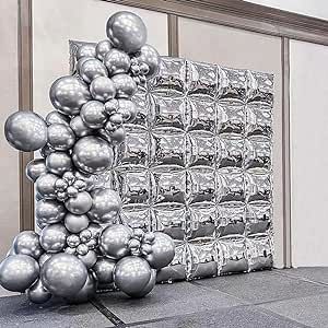 Foil Balloon Backdrop Ideas, Foil Balloon Arch, Mylar Balloon Arch, Square Balloon Backdrop, Silver Foil Backdrop, Silver Balloons Decoration, Silver Balloon Wall, Foil Balloon Wall, Silver Balloon Garland