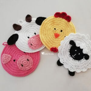 Crochet Cow Potholder Hot Pads, Cute Crochet Potholders Free Pattern, Animal Coaster Crochet Pattern Free, Crocheted Potholders Patterns, Pig Applique Pattern Free, Crochet Pig Coasters Free Pattern, Crochet Animal Potholders Free Patterns, Crochet Cow Potholder Free Pattern, Crochet Animal Dishcloths