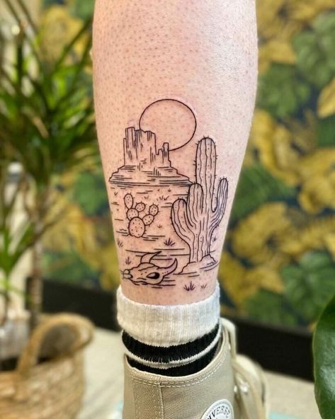 Desert Wrist Tattoo, Cactus With Hat Tattoo, Arizona Tattoo Sleeve, Desert Theme Sleeve Tattoo, Cactus Leg Tattoo, Guadalajara Tattoo Ideas, Cactus Garden Tattoo, Fine Line Saguaro Tattoo, Southwest Tattoo Ideas