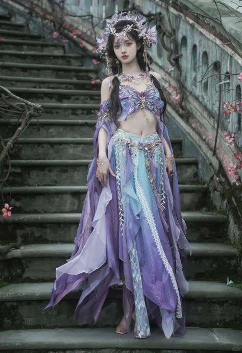 Dunhuang Hanfu, Purple Fairycore, Fairycore Butterfly, Chinese Ancient Clothing, Whimsical Garden Party, Fairy Core Outfits, Fairycore Outfit, Handkerchief Hem Skirt, Lavender Skirt