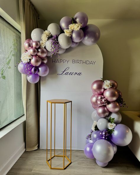 Elegance meets lavender dreams 💜 Elevate your events by booking our decoration services! #balloongarland #birthdaypartydecor Purple Balloon Arrangements, Lavender Color Party Theme, Lavender Birthday Aesthetic, Lavender White And Silver Party Decor, Lavender Party Ideas, 40th Birthday Ideas For Women Purple, Purple And Gold Balloon Arch, Rapunzel Balloon Garland, Purple Balloon Decorations Birthday