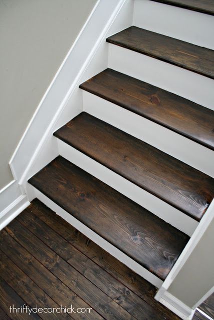 Wood and white stair makeover Diy Stairs Makeover, Stairs Makeover Design, Diy Staircase Makeover, Stairs Makeover Ideas, Stair Renovation, Stairs Renovation, White Staircase, White Stairs, Stair Makeover