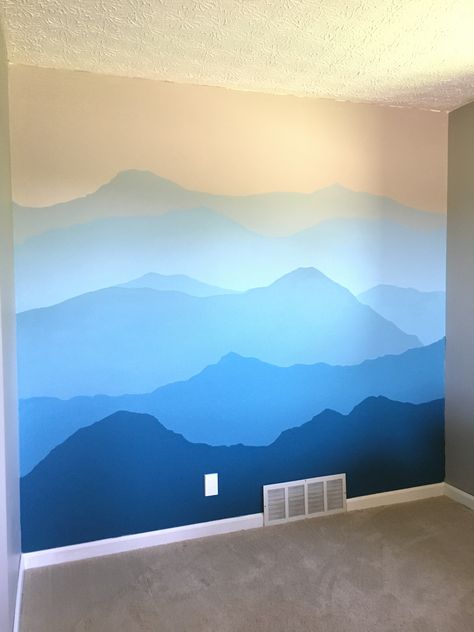 Sunset Wall Mural Painting, Wall Mountain Painting, Masculine Wall Murals Painted, Playroom Mountain Mural, Mountain Range Wall Mural, Blue Mountain Wall Mural, Wall Murals Painted Landscape, Wall Painting Ideas Mountains, Sunset Wall Painting Bedrooms