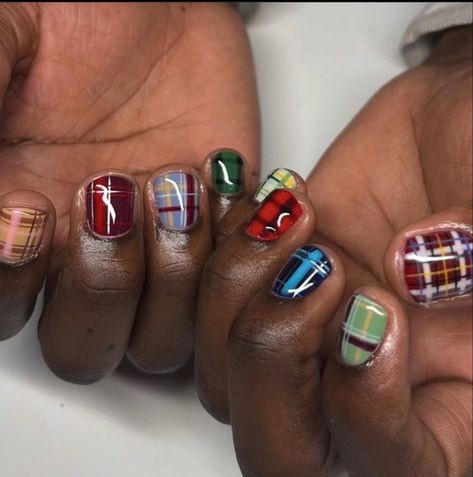 Short Festive Nails, Plaid Gel Nails, Twee Nails, Funky Winter Nails, Goldfish Nails, Funky Short Nails, Men’s Nails, Short Funky Nails, 2000s Nail Art