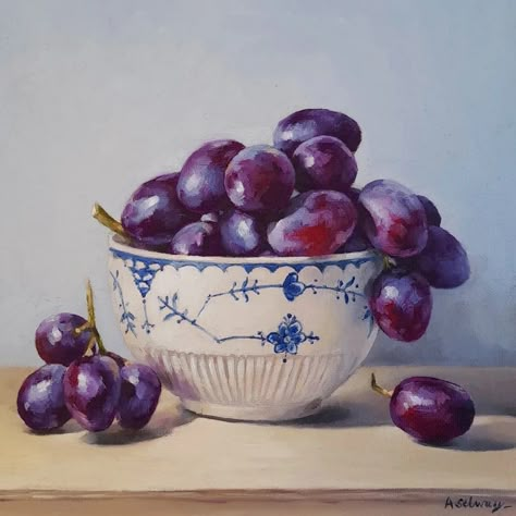 8x8ins oil on canvas board Still Life Painting Ideas, Life Painting Ideas, Fruit Still Life Painting, Van Gogh Still Life, Cherries Painting, Vegetable Painting, Fruit Still Life, Contemporary Realism, Black Grapes