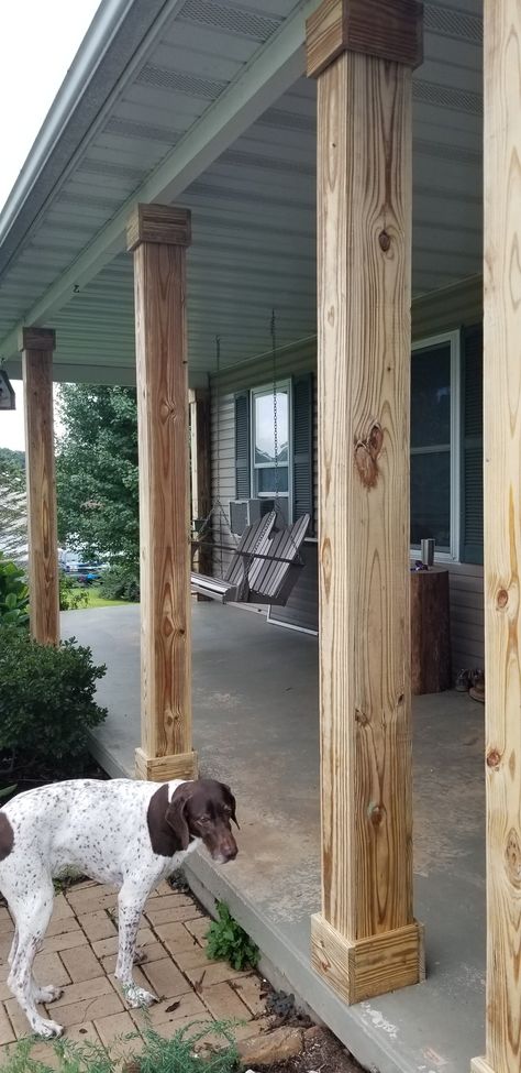 Reframing front porch columns 4x4 Front Porch Post Ideas, Raw Cedar Posts Front Porch, Diy Wooden Porch Columns, Rustic Covered Porch, Replacing Columns On Front Porch, Rustic Cedar Posts Front Porch Columns, Wrap Wrought Iron Porch Columns, Natural Wood Porch Posts, Redo Front Porch Columns