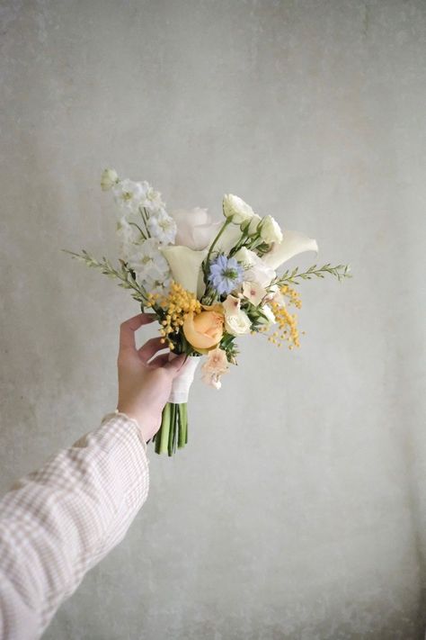 Bride Bouquet Small Simple, Greenery Lined Wedding Aisle, Simple Bride Bouquet Summer, Very Small Bouquet, Small Summer Bouquet, Elopement Bouquet Spring, Petite Flower Bouquet, Small Bouquet Bride, Engagement Shoot Bouquet