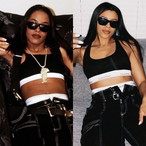 Aaliyah Calvin Klein Outfit, Early 2000s R&b Aesthetic, Aliyah 2000s Fashion, 2000s Fashion Aaliyah, 2000s Pop Culture Outfits, Aaliyah Inspired Outfits 90s, 90s R B Outfit, 2000s Inspired Outfits Party, Aaliyah Costume Ideas