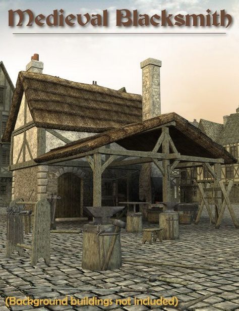 Medieval Blacksmith is a script/utility, cityscape/building, props, historical, architecture for Daz Studio or Poser created by Faveral. Medieval Blacksmith, Century Shoes, Viking Village, Blacksmith Shop, Medieval Houses, Medieval World, Hobbit House, Castle House, Shop Layout