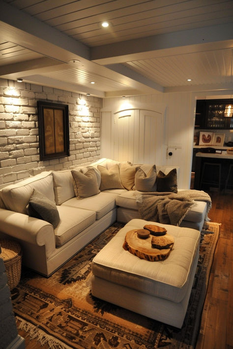 Give your small basement a modern makeover with these inspiring ideas. Find the perfect balance of style and function with innovative design tips. #BasementTransformation #ModernDesign #SmallHome Penn State Basement, Tv Basement Ideas, Basement Fun Ideas, Shiplap In Basement, Paneled Basement Makeover, Sectional Basement Layout, Basement Decor Ideas Cozy Living, Narrow Basement Living Room Ideas, Small Cozy Basement Ideas