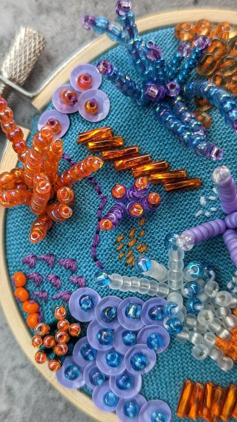 Create Gorgeous Bead Embroidery Art: Step-by-Step Tutorial 3d Beaded Embroidery, Mila Textiles, Fabric Beads Diy, Bead Art Projects, Embroidery With Stones, Surface Embroidery, Seed Bead Embroidery, Coral Embroidery, Embroidery Artists