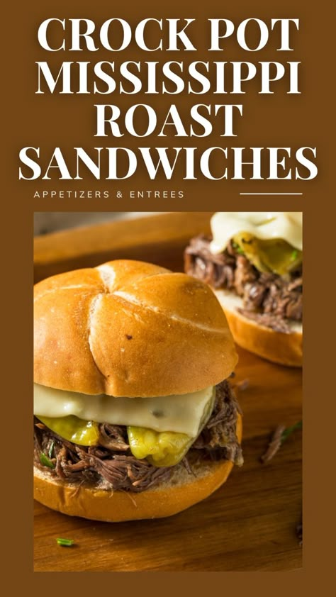 Crock Pot Mississippi Roast Sandwiches - Appetizers & Entrees Mississippi Beef Sandwiches, Crockpot Roast Sandwiches, Beef Roast Sandwiches Crock Pot, Missippi French Dip Sandwiches, Pot Roast Sandwiches Crock Pot Recipes, Mississippi Roast Sliders, Leftover Mississippi Pot Roast Recipes, Mississippi Roast Sandwiches, Crockpot Shredded Beef Sandwiches