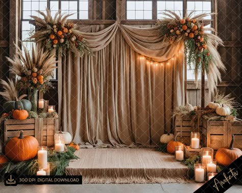 Fall Wedding Backdrops Receptions, Fall Picture Backdrop, Autumn Wedding Backdrop, October Wedding Photo Backdrop, Wild Flower Wedding Backdrop, Harvest Backdrop Ideas, Fall Stage Decor, Fall Photo Op Ideas, Shower Backdrop