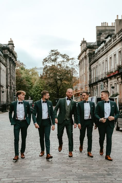 Groom Green Suit Men Wedding Groomsmen, Wedding Green Suits Men, Groomsmen Three Piece Suit, Dark Green Groom Suit Grey Groomsmen, Green Tuxedo Groomsmen, Gromes Men Suits, Green Tuxedo Wedding Groom Style, Deep Green Groomsmen, Dark Green Tuxedo Wedding Groom Style