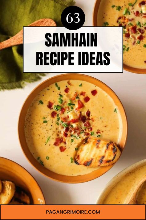 From apples and pumpkins to cranberries and cider, here are more than 50 Samhain recipes that incorporate traditional fall foods for the pagan holiday. #samhain #paganholiday #wicca #samhainrecipes Samhain Meals Dinners, Samhain Feast Recipes, Traditional Samhain Food, Halloween Feast Ideas, Samhain Food, Samhain Celebration, Samhain Recipes, Pumpkin Pecan Cobbler, Apples And Pumpkins