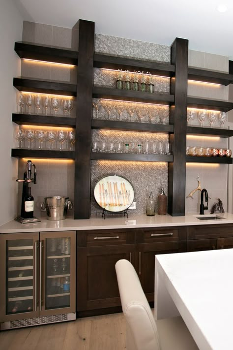 Outside Wet Bar Ideas, Bar In Wall Niche, Custom Bar Small Space, Inside Bars Ideas, Basement Bar And Office, Wall Bar In Dining Room, Enclosed Bar Ideas For Home, Custom Bars For Home Modern, Main Floor Bar Ideas