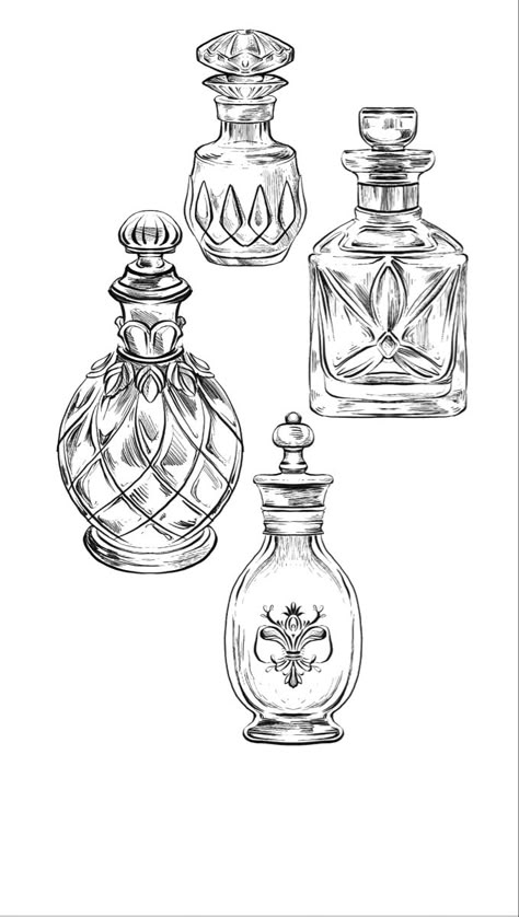 Black and white vintage bottles of perfume flash tattoo drawing perfume bottle vintage Perfume Glass Bottle Design, Specimen Jar Drawing, Victorian Perfume Bottle Tattoo, Vintage Perfume Bottle Illustration, Antique Bottle Tattoo, Vintage Bottle Tattoo, Old Perfume Bottle Tattoo, Aqua Tofana Bottle Tattoo, Decanter Tattoo