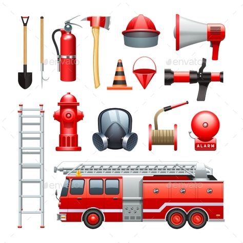 Firefighter tools equipment and engine red realistic icons collection with water house and extinguisher abstract vector illustrati Occupation Illustration, Firefighter Cookies, Firefighter Equipment, Rescue Equipment, Firefighter Tools, Fire Man, Fireman Birthday, Turkey Disguise, Firefighter Birthday