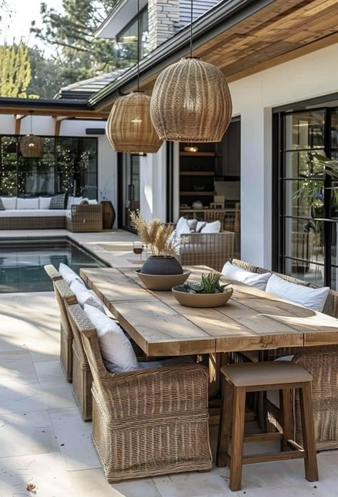 Outdoor Inspo Backyards, Dining Deck Ideas, Deck With Table And Seating Area, Covered Outdoor Eating Spaces, Pool Dining Area, California Rooms Outdoor, Large Outdoor Patio Ideas, Outdoor Deck Dining, Patio Dining Ideas Outdoor