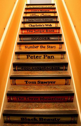 The Stairs of my Dreams! BOOK STAIRS! Stairway to the reading room at The Magic House, St. Louis Children's Museum. Kirkwood, Missouri. ... Give the artist some credit!. Link / Pin from the Primary source. If you want to promote your fave blog, do it here in the caption. Book Staircase, Book Stairs, Painted Staircases, Painted Stairs, Living Modern, Wooden Stairs, Up Book, Stairway To Heaven, Cool Ideas