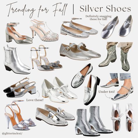 Silver Shoes Outfit High Heels, Silver Loafers Outfit 2023, Silver Outfit Women, Silver Shoe Outfits, Metallic Shoes Outfit Silver, Silver Loafer Outfits Women, Silver Flats Outfit 2023, Silver Ballerinas Outfit, Metallic Ballet Flats Outfit 2023