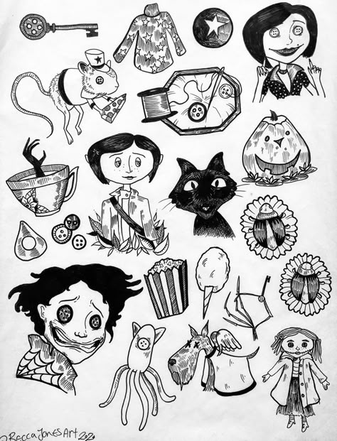 Coraline Cat, Coraline Tattoo, Tim Burton Tattoo, 16 Tattoo, Flash Tattoo Designs, Inspiration Tattoos, Tattoo Flash Sheet, Spooky Tattoos, Halloween Tattoo