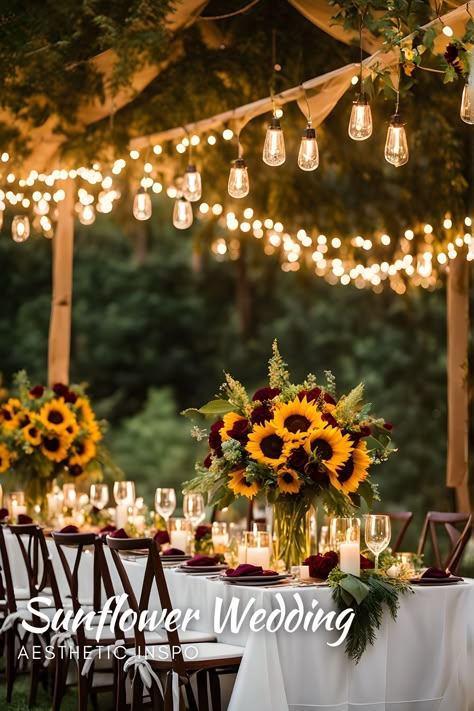 Sunflower Backyard Wedding, Backyard Wedding Sunflowers, Winter Wedding Sunflowers, Wedding Themes With Sunflowers, Sunflower For Wedding, Rustic Wedding Sunflowers, Fall Wedding Ideas Sunflowers, Sunflower Reception Decor, Sunflower Table Setting Ideas