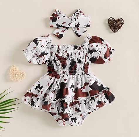 YINGISFITM Infant Baby Girl Bubble Romper Ruffled Dress Cow Print Onesie Summer Dresses Cute Clothes and Headbands Cowgirl Baby Outfits, Cow Print Baby Stuff, Baby Girl Western Outfits, Western Baby Girl Outfits, Country Baby Outfits, Western Baby Outfits, Country Baby Girl Outfits, Country Baby Girl Clothes, Country Baby Clothes