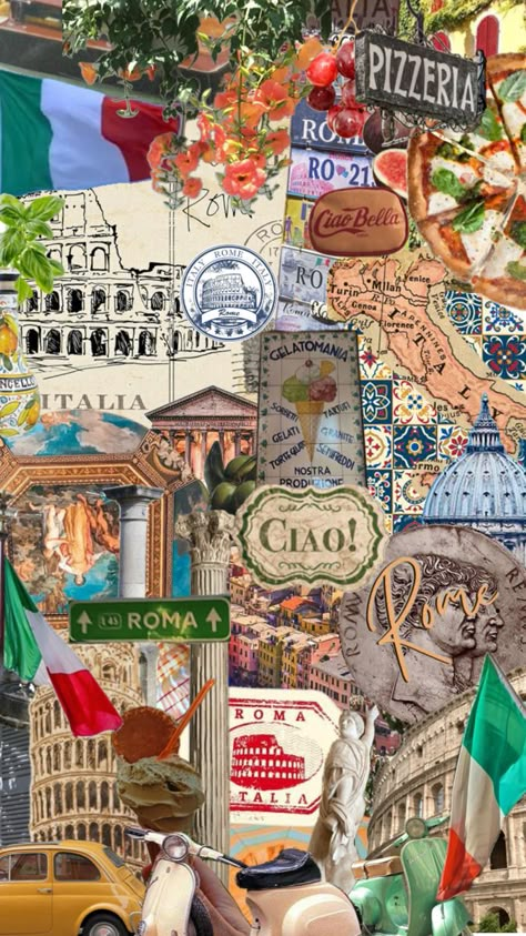 Italy Aesthetic Collage, Aesthetic Collage Background, Adventure Book Ideas, Journal Ideas Travel, Rome Italy Aesthetic, Creative Travel Journal, Illustration Prompts, Digital Polaroid, Italy Illustration