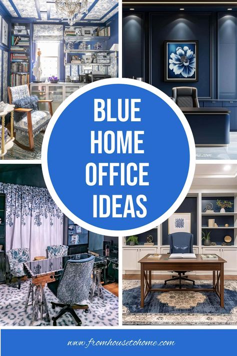 blue home office ideas Navy Blue Furniture Office, Blue Yellow Office, Blue And White Office Decor, Dark Blue Office Ideas, Navy Blue Office Ideas, Blue Home Office Ideas, Navy Blue Home Office, Home Office Feminine, Diy Home Office Desk