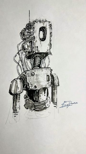 Warpsol on Instagram: "Here’s a 20 min bot. Uwu - #robot #brushpen #art #artistsoninstagram #sketching #practice #paperplanes #drawing" Paperplanes Drawing, Robot Art Drawing Sketch, How To Draw A Robot, Robot Drawing Sketches, Simple Robot Design, Robot Drawing Reference, Cute Robot Drawing, Robot Drawing Ideas, Sci Fi Sketch