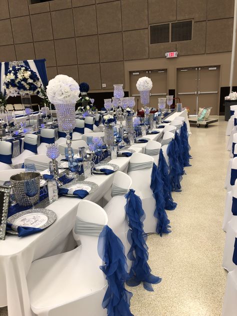 Blue White Silver Wedding Decor, Royal Blue Event Decor, Quince Decorations Navy Blue And Silver, Blue And White Decorations Party, Navy Blue Birthday Theme, Wedding Cake Designs Blue, Blue And Silver Party, Navy And Silver Wedding, Black People Weddings