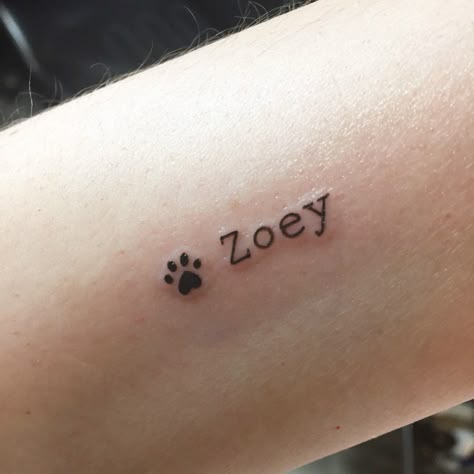 Matching Tattoos For Coworkers, Small Tattoos About My Dog, Dogs Tattoo Ideas For Women, Dog Birthday Tattoo, Dog Tribute Tattoo Small Lab, Animal Name Tattoos, Dog Names Tattoo Ideas, Small Dog Memorial Tattoo Ideas, Tattoo Ideas For Lost Pets