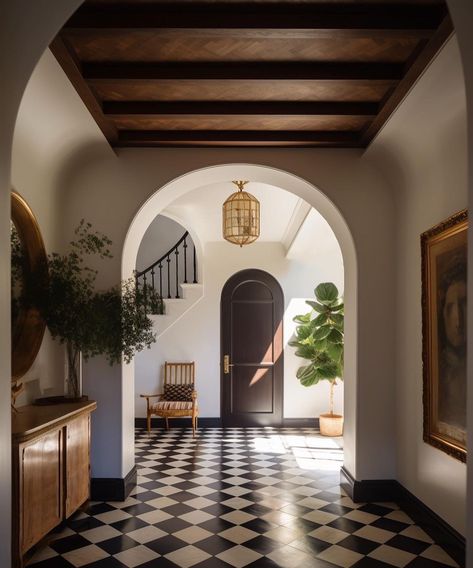 Vivir Design on Instagram: “Whether indoors, outdoors, on the floor, on the wall, and well…you name it…The checkerboard pattern is a design staple that is just as…” Mediterranean Style Homes Interior, Spanish Transitional, Transitional Hallway, Reno House, House Aesthetics, Thursday Images, Transitional Spaces, Office House, Spanish Villa