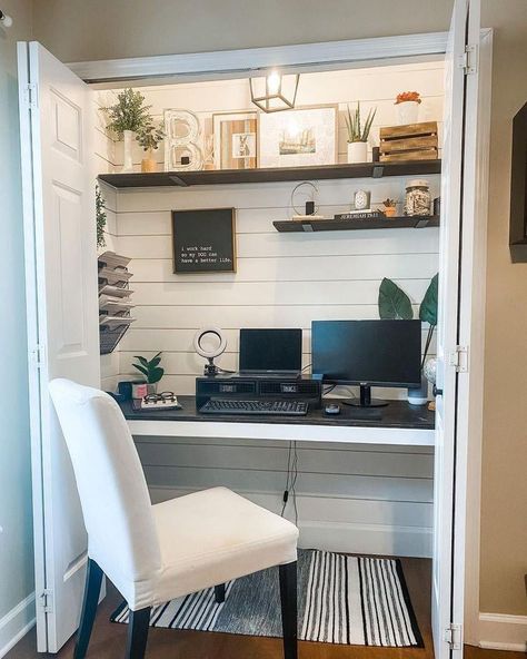 Open Closet Ideas Office, Small Closet With Desk And Clothes, Closet Made Into Desk Area, Build In Desk In Bedroom, Cloffice With Doors, Home Office Design Small Spare Room, Hall Closet Turned Office, Desk Inside Closet Small Spaces, Bedroom Closet Into Office