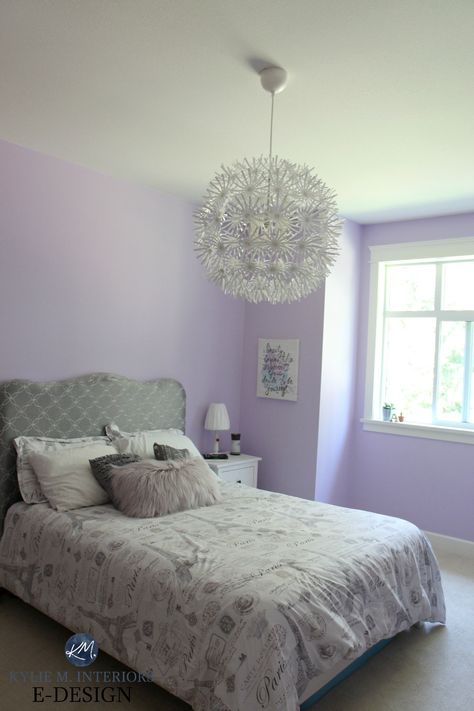 Best purple paint colour, Benjamin Moore Lily Lavender in girls tween bedroom with gray and white. Kylie M INteriors Edesign, edecor and online paint colour blog Girls Bedroom Paint Colors, Kids Room Paint Colors, Purple Girls Bedroom, Kylie M Interiors, Girls Bedroom Paint, Girls Room Paint, Girls Room Colors, Girls Bedroom Colors, Lavender Room