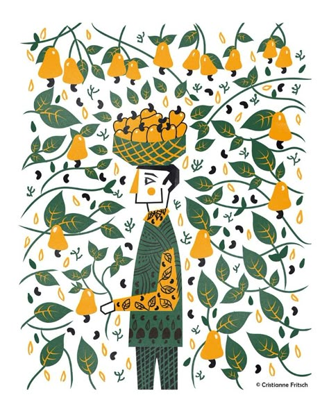 Cashew Seller - Illustration by Cristianne Fritsch Cashew Illustration, Folk Botanical Graphic Design, Presentation Techniques, Cactus Paintings, Graphic Design Trends, Pattern Illustration, Cashew, Craft Patterns, Textile Patterns