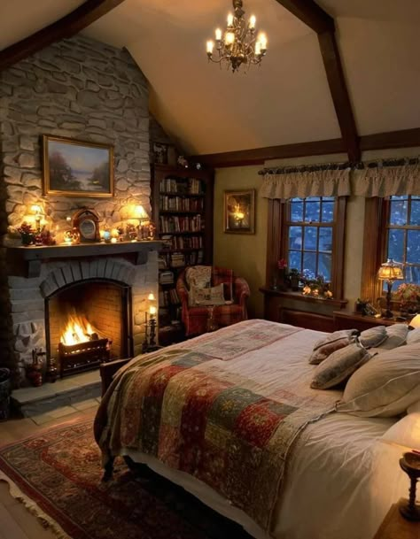 Bedroom With Fireplace, Barndominium Interior, Cabin Interiors, Cottage Interiors, Barn Homes, Dreamy Bedrooms, Dream House Interior, Rustic Bedroom, House Room