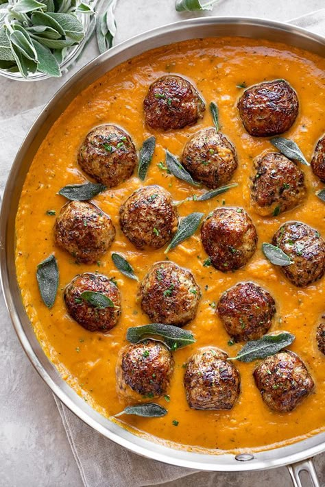 Ground Turkey And Pumpkin Recipes, Butternut Squash Meatballs, Nourishing Fall Meals, Fall Turkey Meatballs, Thanksgiving Recipes Pumpkin, Turkey Sage Meatballs, Ground Turkey Fall Recipes, Fall Meatball Recipes, Autumn Meatballs