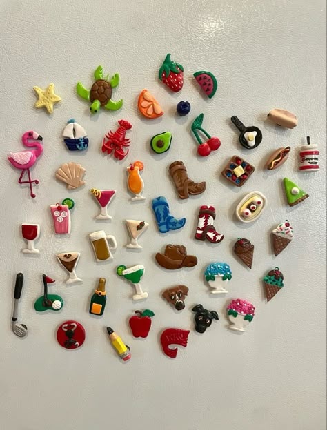 handcrafted magnet creations! Clay Bake Crafts, Fall Clay Magnets Diy, Cherry Clay Magnet, Diy Cute Magnets, Clay Mom Gifts, Coffee Clay Magnet, Air Dry Clay Magnets Food, Clay Art Magnet, Pottery Fridge Magnets