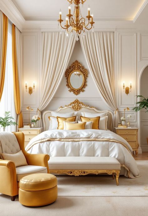 White Bedroom Ideas Gold Theme Bedroom, White And Gold Bedroom Ideas, White And Gold Room, Gold And White Bedroom, White Gold Room, White And Gold Bedroom, Gold Bedroom Ideas, Modern White Bedroom, Rustic Farmhouse Bedroom