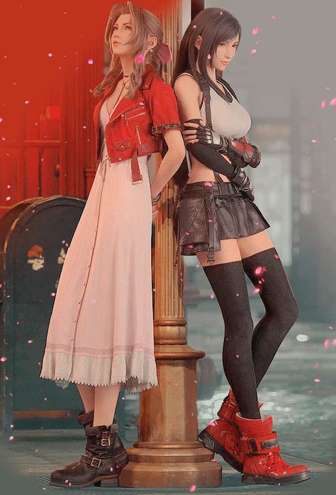 Aerith And Tifa, Aerith Tifa, Tifa Ff7 Remake, Tifa Cosplay, Final Fantasy Aerith, Gif Wallpaper, Final Fantasy Cloud, Cloud And Tifa, Final Fantasy Collection