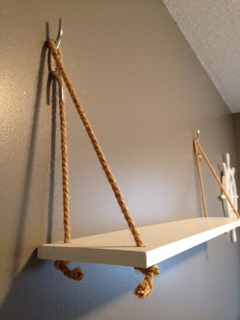 Rope Shelf Decor, Nautical Shelf Decor, Nautical Room Ideas, Nautical Apartment, Nautical Bedroom Ideas, Nautical Theme Bedroom, Shelf With Rope, Nautical Bedroom Decor, Nautical Shelves