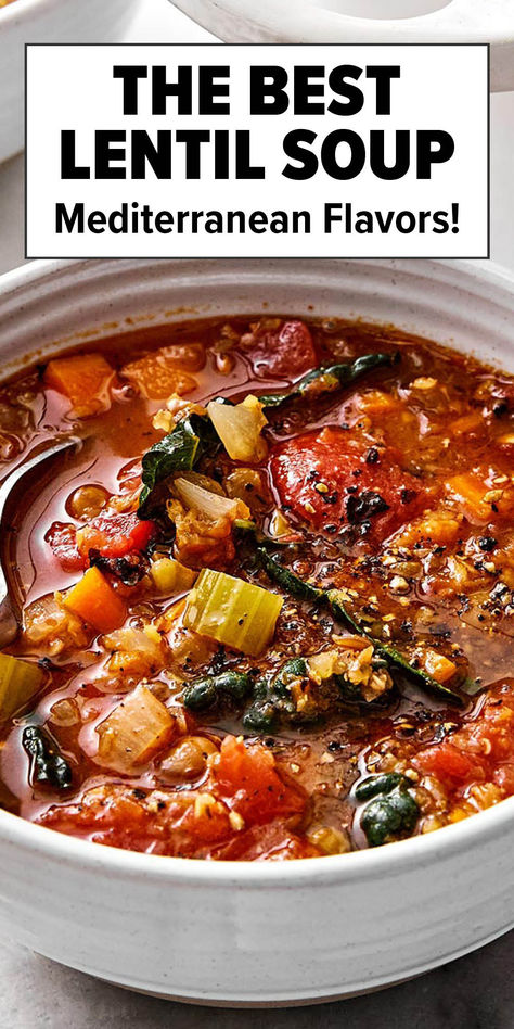 Lentil soup recipe with Mediterranean flavors. Hearty Soup Vegetarian, Dinners With Lentils, Smitten Kitchen Lentil Sausage Soup, Seasonal Meals Fall, Mediterranean Lentil Soup Crockpot, Veggie And Lentil Soup, Filling Vegetarian Soups, Easy Fall Soup Recipes Vegetarian, Split Lentil Soup