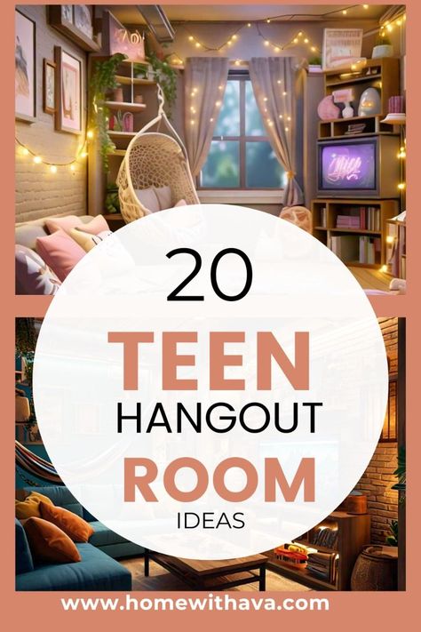 [CommissionsEarned] Create The Ultimate Teen Hangout Room! Imagine A Space Where Your Teen Can Relax, Socialize, And Express Themselves. From Cozy Reading Nooks For Bookworms To Gaming Zones For Friendly Competition, We've Got You Covered. Add A Music Lounge For Music Lovers, A Snack Bar For Quick Bites, And An Art Studio For Creativity. And Don't Forget A Movie Night Area For Cinematic Vibes, A Chill-Out Zone For Relaxation, And A Photobooth For Fun Memories. #coolgameroomideascozy Teenage Hangout Room Ideas Basements, Teenage Game Room Teen Hangout, Playroom Hangout Rooms, Teenage Basement Ideas, Teenage Den Ideas, Chair In Closet, Gaming Loft Ideas, Teen Lounge Furniture, Hangout Room Decor Ideas