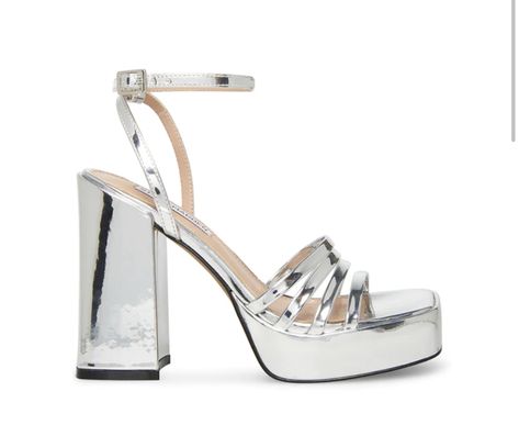 Summer 2023 Runway, Disco Shoes, Best Ankle Boots, Silver Platform Heels, Silver Strappy Heels, Silver Platforms, Prom 2022, High Heeled Sandals, Steve Madden Store