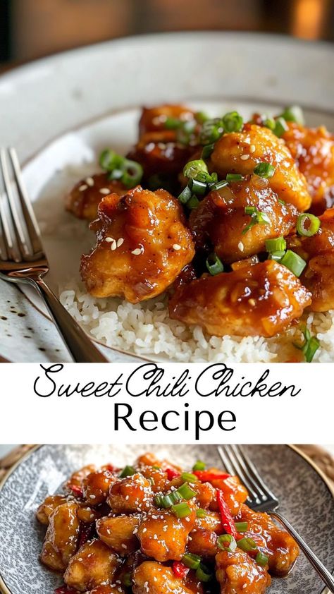 This Sweet Chili Chicken is sticky, spicy, and totally satisfying! The glaze is packed with flavor, making it a crowd-pleaser for weeknight dinners or casual gatherings. Ready in no time, this dish is perfect over fluffy rice or a fresh veggie side. Glazed Chicken And Rice, Sweet Chilli Chicken Rice Bowl, Sweet Chili Chicken Bites, Weight Watchers Spicy Chinese Chicken, Chili Sauce Chicken Recipe, Sweet Chili Chicken Rice Bowl, Chinese Food Recipes Spicy, Thai Chili Sauce Recipe Chicken, Sweet Ginger Chili Chicken