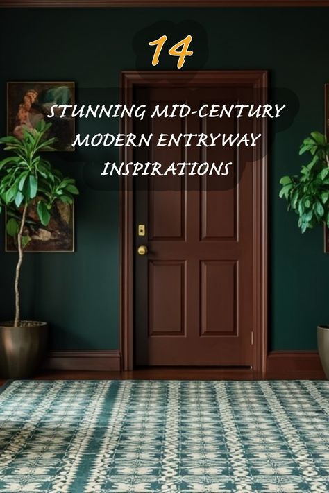 I'm in love with this stunning entryway design that beautifully captures mid-century modern aesthetics. The rich, dark green walls provide a striking backdrop, while the brown door adds warmth and elegance. The patterned rug perfectly ties together the entire space, making it feel both inviting and stylish. Check out these 14 inspiring ideas to elevate your own entryway! Moody Eclectic Entryway, Earthy Entryway Ideas, Board And Batten Mid Century Modern, Midcentury Hallway, Dark Green Entryway, Dark Entryway Ideas, Mid Century Modern Interior Doors, Mid Century Entryway Ideas, Moody Entryway