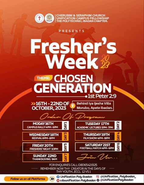 Freshers week 2023 flier design Flier Designs Ideas, Event Schedule Design, Programme Design, Event Poster Design Inspiration, Freshers Week, Graphic Design Inspiration Poster, Design Inspiration Poster, Christian Graphic Design, Church Media Design